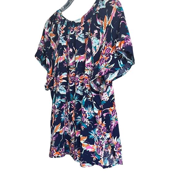 SIGNATURE STUDIO SHORT SLV PULL-OVER V-NECK BLOUSE, WOMENS, 1X, NAVY + MULTICOLR - Picture 7 of 12